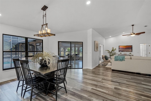 dining space featuring ceiling fan, baseboards, wood finished floors, and recessed lighting