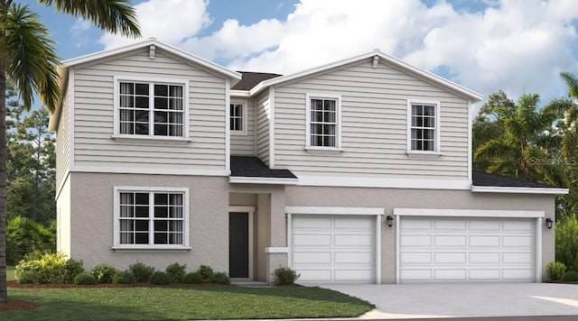 traditional home with stucco siding, an attached garage, driveway, and a front lawn