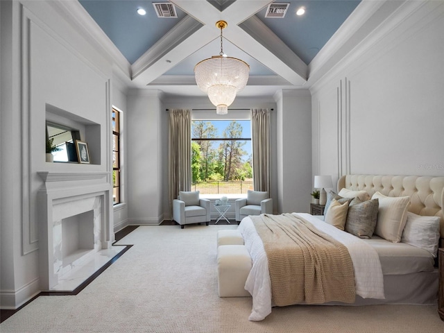 carpeted bedroom with an inviting chandelier, ornamental molding, and visible vents