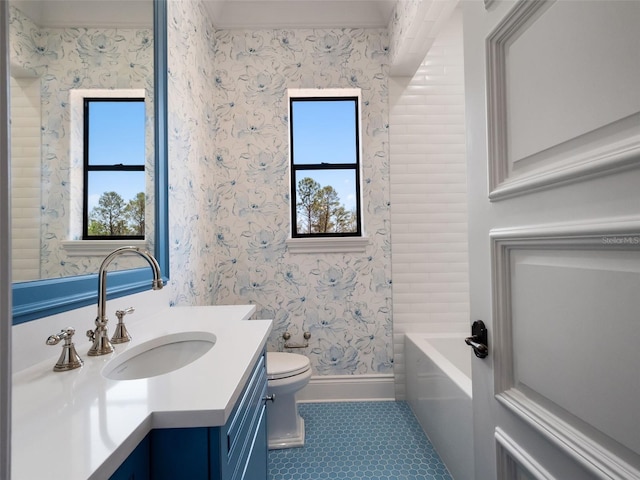 bathroom with a tub to relax in, a wealth of natural light, toilet, and vanity