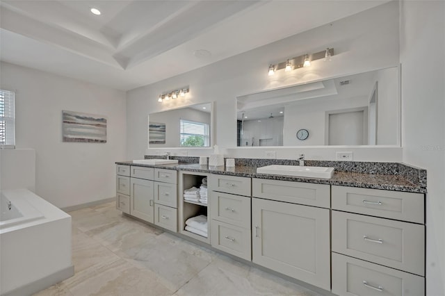 1661 Woodland Ave, Winter Park, FL 32789 - bathroom featuring vanity, walk in shower, recessed lighting, a raised ceiling, and a bath