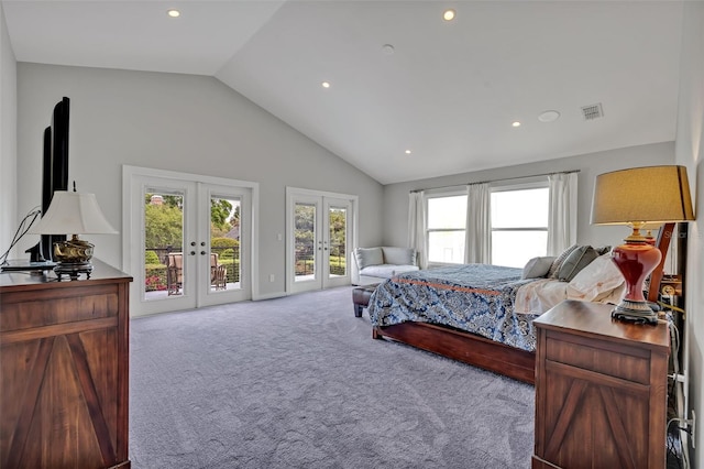 1661 Woodland Ave, Winter Park, FL 32789 - bedroom with french doors, access to exterior, high vaulted ceiling, carpet flooring, and recessed lighting