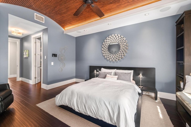 bedroom with vaulted ceiling, visible vents, wood finished floors, baseboards, and wood ceiling