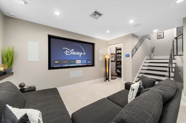 home theater room with baseboards, recessed lighting, visible vents, and carpet