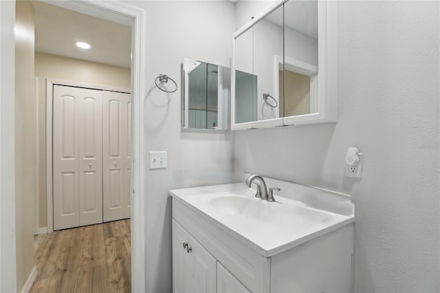bathroom with wood finished floors and vanity
