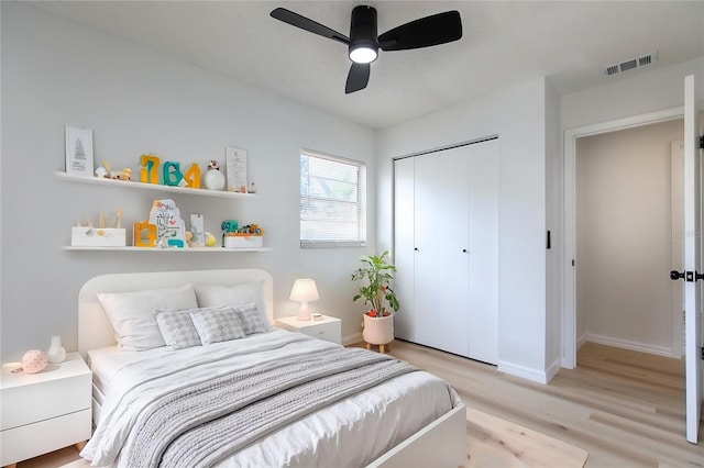 730 Georgia Ave, Longwood, FL 32750 - bedroom featuring a ceiling fan, a closet, light wood finished floors, baseboards, and visible vents