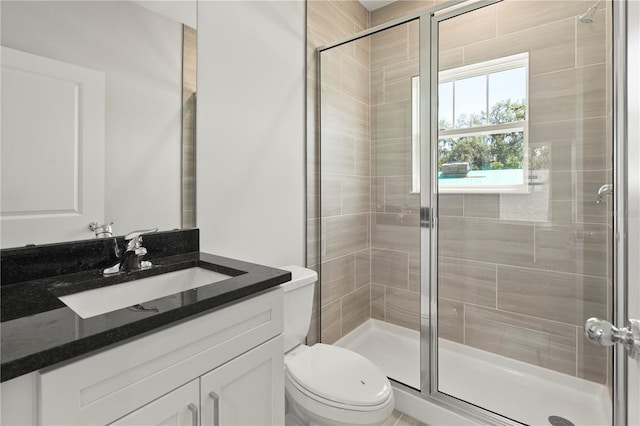full bath featuring toilet, vanity, and a stall shower