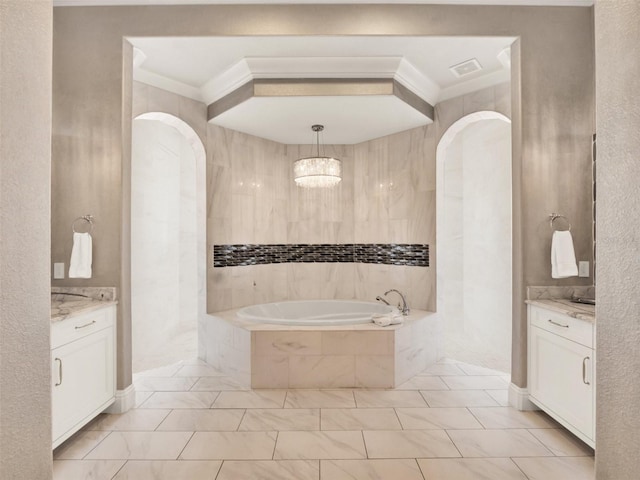971 Golden Bear Dr, Reunion, FL 34747 - bathroom with a tile shower, visible vents, vanity, ornamental molding, and a bath