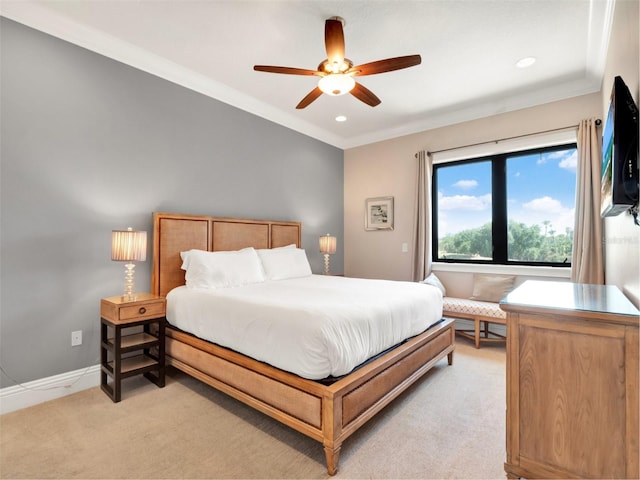 971 Golden Bear Dr, Reunion, FL 34747 - bedroom with a ceiling fan, recessed lighting, light colored carpet, and crown molding