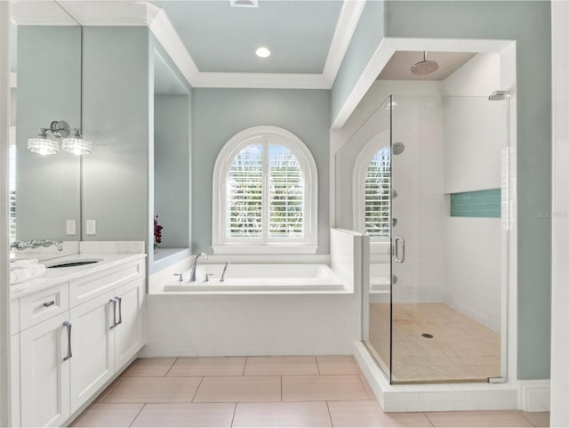 971 Golden Bear Dr, Reunion, FL 34747 - full bath featuring tile patterned flooring, a shower stall, a garden tub, vanity, and ornamental molding