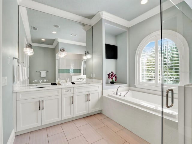 971 Golden Bear Dr, Reunion, FL 34747 - full bath with a garden tub, ornamental molding, a sink, and visible vents