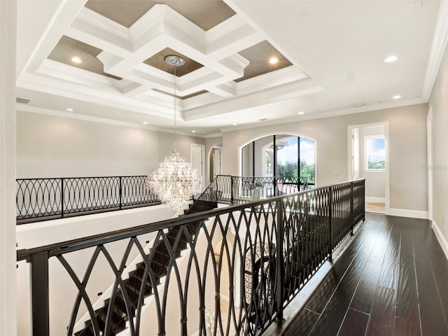 971 Golden Bear Dr, Reunion, FL 34747 - hallway with baseboards, recessed lighting, an inviting chandelier, an upstairs landing, and crown molding