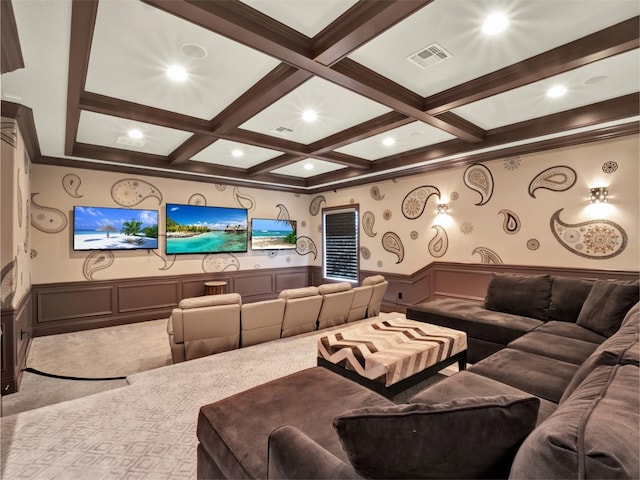 971 Golden Bear Dr, Reunion, FL 34747 - home theater room featuring visible vents, a wainscoted wall, and coffered ceiling