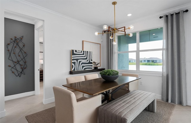 2741 Serenity Meadow Dr, Kissimmee, FL 34744 - dining space with baseboards, recessed lighting, a chandelier, crown molding, and light tile patterned floors