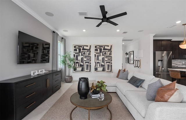 2741 Serenity Meadow Dr, Kissimmee, FL 34744 - living area with a ceiling fan, crown molding, visible vents, and recessed lighting