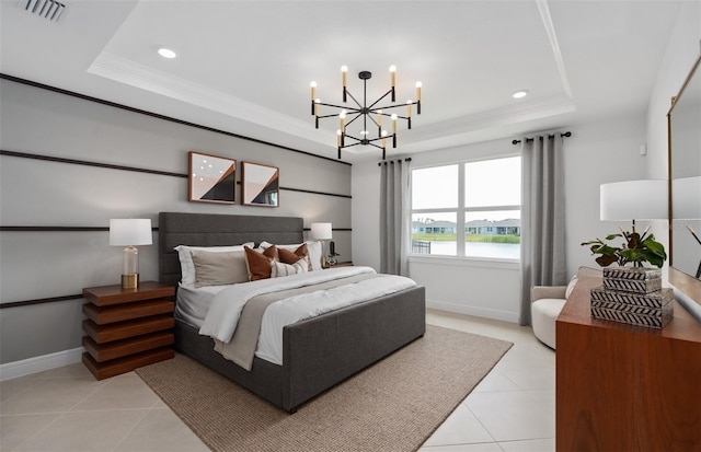 2741 Serenity Meadow Dr, Kissimmee, FL 34744 - bedroom featuring light tile patterned flooring, a chandelier, a tray ceiling, and visible vents