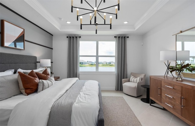 2741 Serenity Meadow Dr, Kissimmee, FL 34744 - bedroom featuring light tile patterned floors, ornamental molding, a chandelier, and a raised ceiling