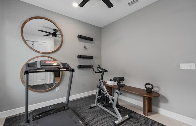 2741 Serenity Meadow Dr, Kissimmee, FL 34744 - workout room featuring baseboards, a ceiling fan, and visible vents