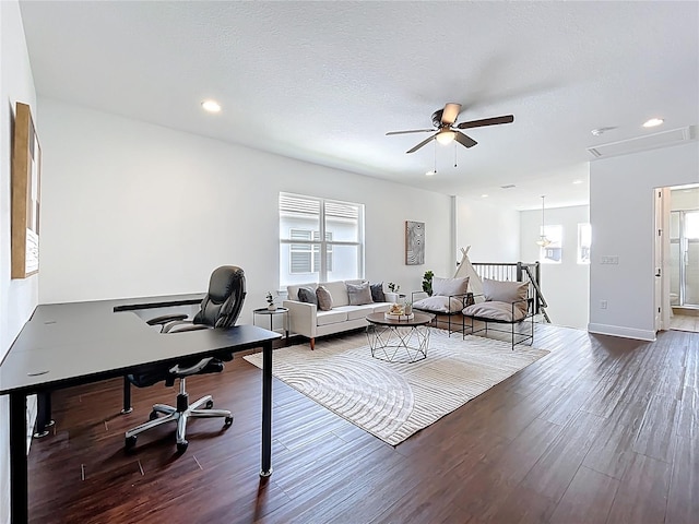 office space with recessed lighting, ceiling fan, wood finished floors, and a healthy amount of sunlight