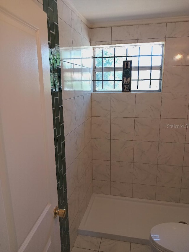 full bathroom featuring a tile shower, plenty of natural light, and toilet