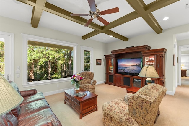 4000 Rouse Rd, Orlando, FL 32817 - carpeted living room featuring ceiling fan, visible vents, coffered ceiling, baseboards, and beam ceiling