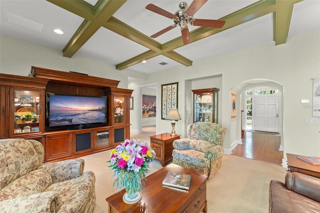 4000 Rouse Rd, Orlando, FL 32817 - living room featuring recessed lighting, arched walkways, carpet floors, beam ceiling, and a ceiling fan