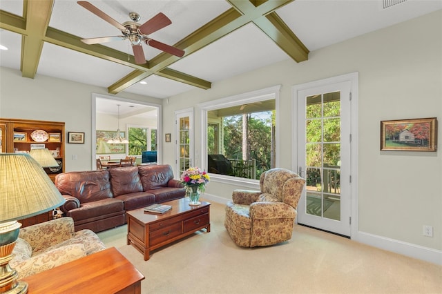 4000 Rouse Rd, Orlando, FL 32817 - carpeted living area featuring baseboards, recessed lighting, coffered ceiling, beam ceiling, and a ceiling fan