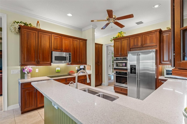 4000 Rouse Rd, Orlando, FL 32817 - kitchen featuring light tile patterned floors, decorative backsplash, a sink, stainless steel appliances, and a ceiling fan