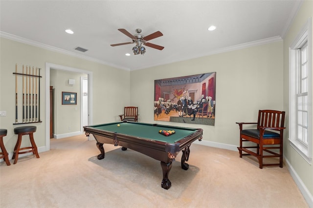 4000 Rouse Rd, Orlando, FL 32817 - rec room with a ceiling fan, crown molding, light colored carpet, and pool table