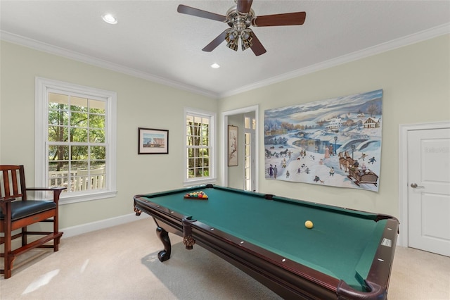 4000 Rouse Rd, Orlando, FL 32817 - playroom with ceiling fan, baseboards, light carpet, ornamental molding, and pool table