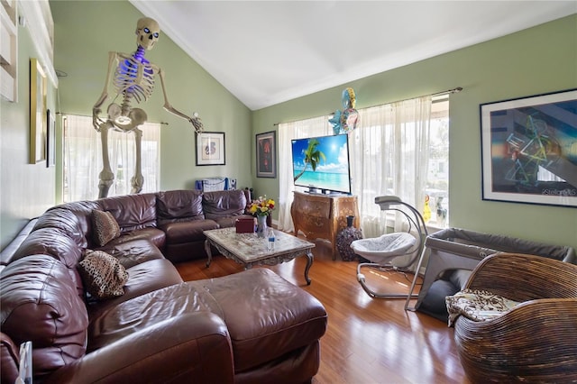 living room with wood finished floors and high vaulted ceiling