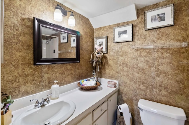 full bathroom featuring vanity, a shower, vaulted ceiling, and toilet