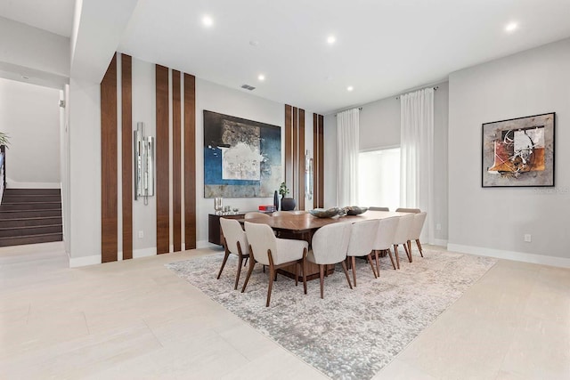 dining room featuring recessed lighting, stairway, and visible vents