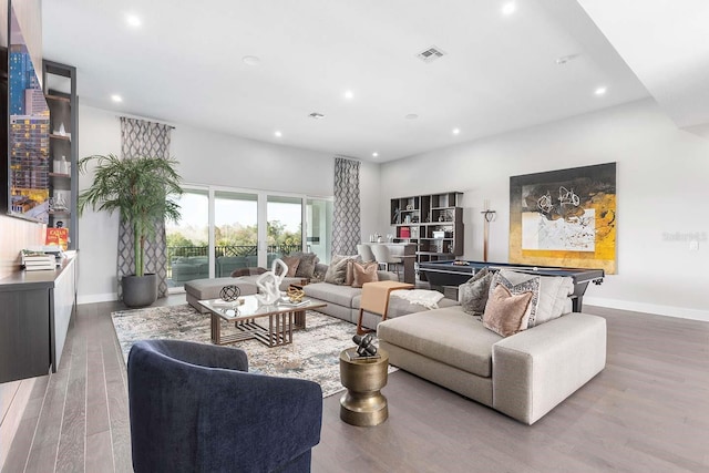 living area featuring recessed lighting, visible vents, pool table, and baseboards