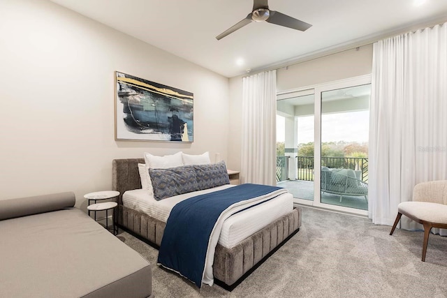 bedroom featuring carpet, access to outside, and ceiling fan