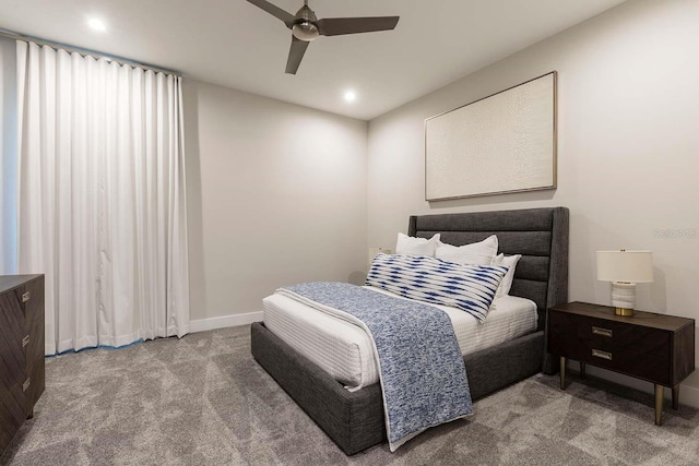 bedroom featuring baseboards, carpet floors, recessed lighting, and ceiling fan
