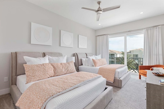 carpeted bedroom featuring recessed lighting, ceiling fan, baseboards, and access to outside