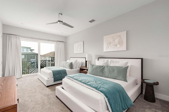 bedroom featuring ceiling fan, carpet floors, baseboards, access to exterior, and visible vents