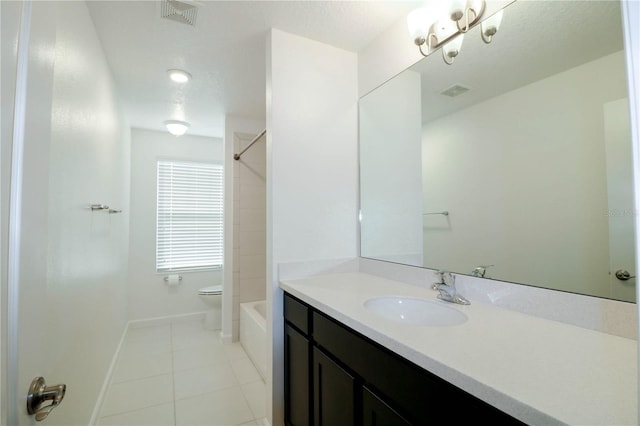 full bathroom featuring vanity, baseboards, toilet, tile patterned flooring, and visible vents