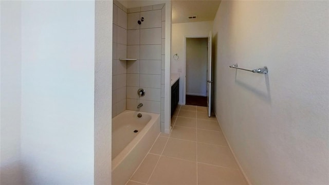 full bathroom with vanity, tub / shower combination, baseboards, tile patterned flooring, and visible vents