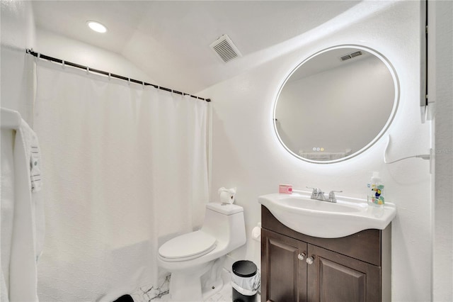 5118 Luna Negra Dr, Orlando, FL 32811 - full bathroom with vanity, toilet, lofted ceiling, a shower with shower curtain, and visible vents