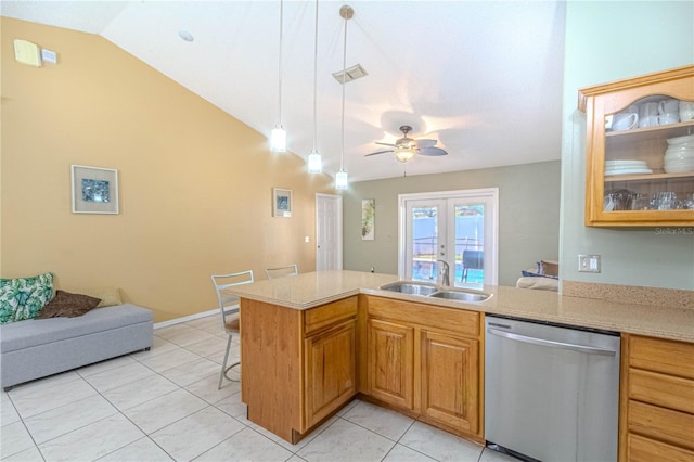 kitchen with dishwasher, light tile patterned floors, a sink, a peninsula, and ceiling fan