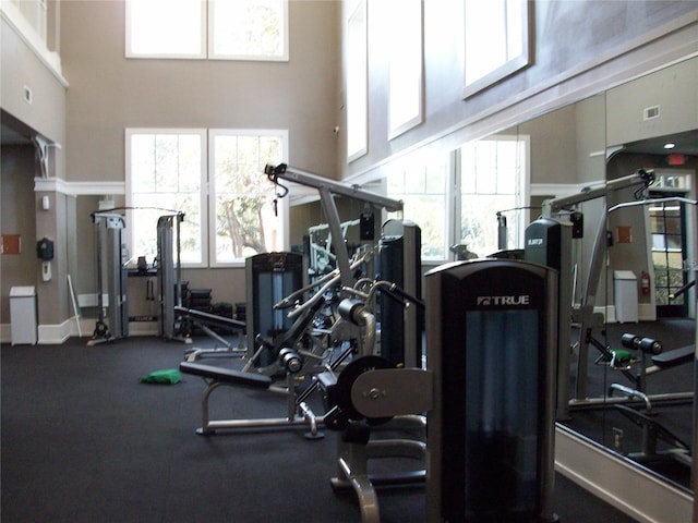 workout area with visible vents and a towering ceiling