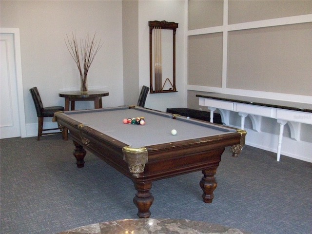 rec room with baseboards, billiards, and carpet