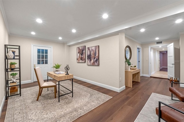 1105 Lake Nettie Dr, Eustis, FL 32726 - office area with crown molding, wood finished floors, baseboards, and recessed lighting