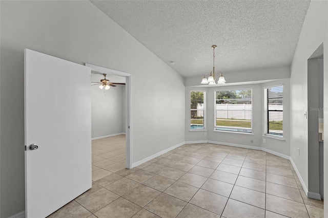 spare room with vaulted ceiling, light tile patterned floors, baseboards, a textured ceiling, and ceiling fan with notable chandelier