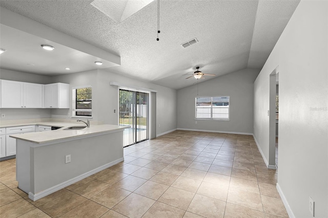 kitchen with light countertops, plenty of natural light, a textured ceiling, and a sink