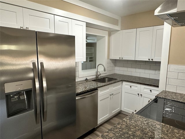 804 Little Wekiwa Dr, Altamonte Springs, FL 32714 - kitchen featuring wall chimney range hood, stainless steel appliances, white cabinets, and a sink