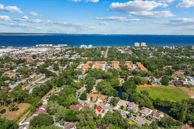 aerial view featuring a residential view and a water view