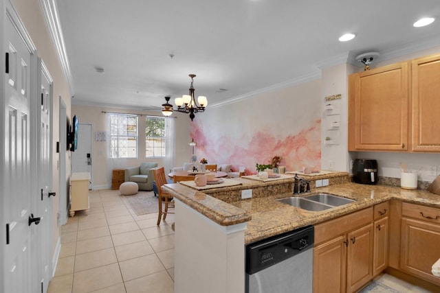 2840 Bella Vista Dr, Davenport, FL 33897 - kitchen with dishwasher, a sink, crown molding, a peninsula, and a notable chandelier